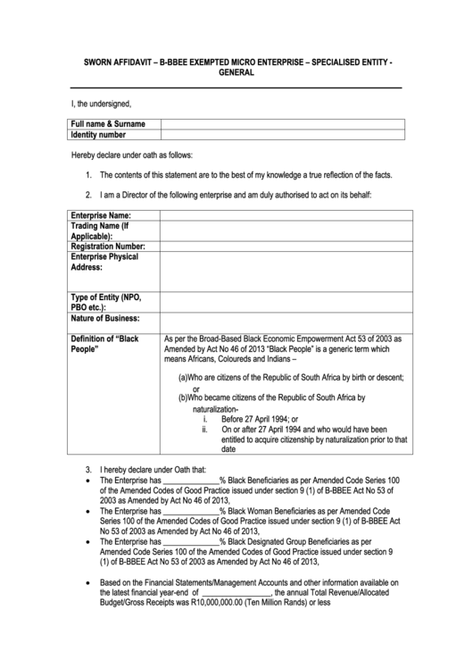 Sworn Affidavit - B-Bbee Exempted Micro Enterprise - Specialised Entity - General Printable pdf