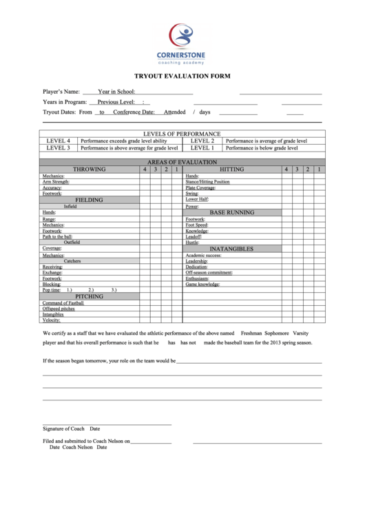Tryout Evaluation Form Printable pdf