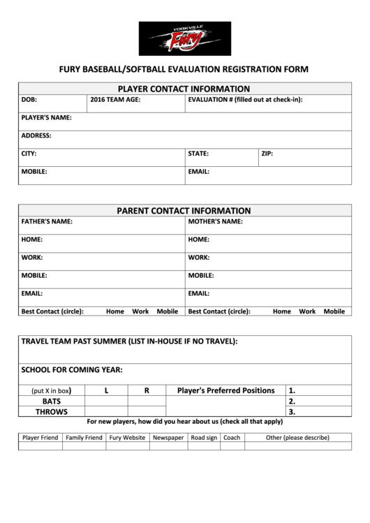Fury Baseball/softball Evaluation Registration Form Printable pdf