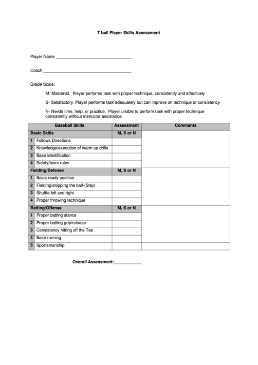 T Ball Player Skills Assessment Printable pdf