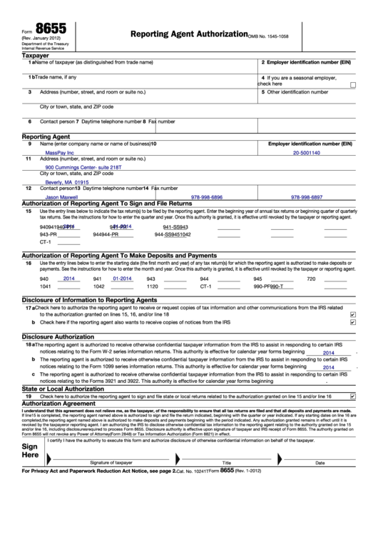 Fillable Form 8655 (Rev. January 2012) Reporting Agent Authorization Printable pdf