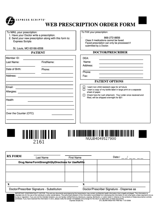 Web Prescription Order Form printable pdf download