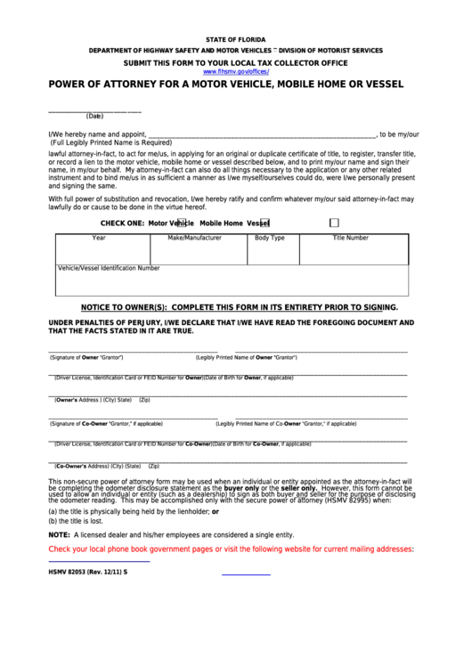 Power Of Attorney For A Motor Vehicle, Mobile Home Or Vessel - Florida Department Of Highway Safety And Motor Vehicles Printable pdf