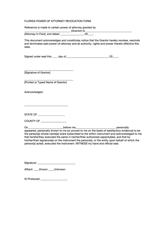 Fillable Florida Power Of Attorney Revocation Form Printable pdf