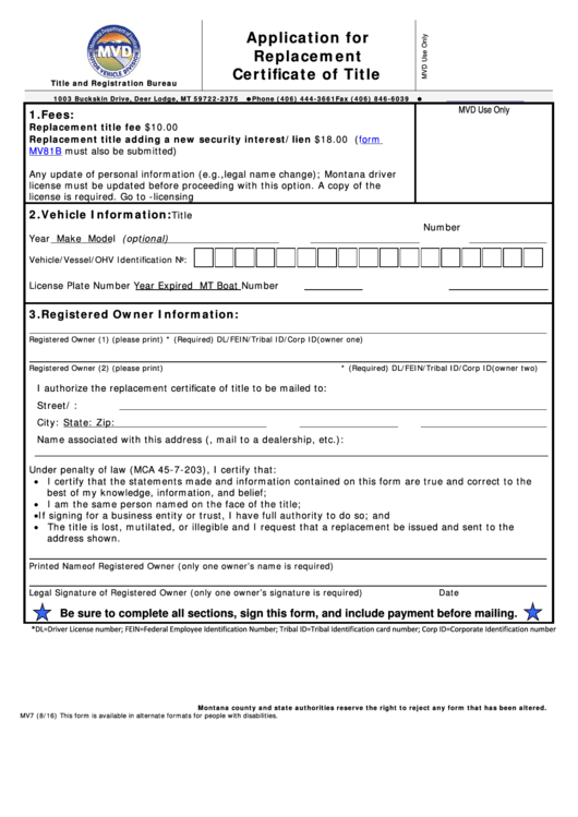 Fillable Form Mv 7 - Application For Replacement Certificate Of Title Printable pdf