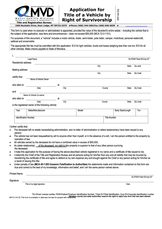 Fillable Form Mv12 - Application For Title Of A Vehicle By Right Of Survivorship Printable pdf