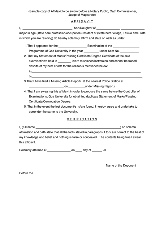Sample Copy Of Affidavit To Be Sworn Before A Notary Public, Oath Commissioner, Judge Of Magistrate Printable pdf