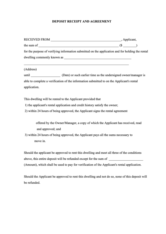 Deposit Receipt And Agreement Printable pdf