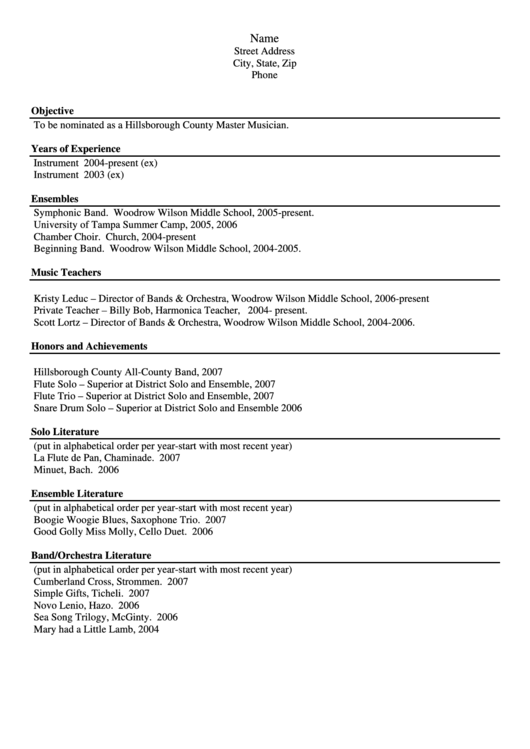 Sample Musician Resume Printable pdf