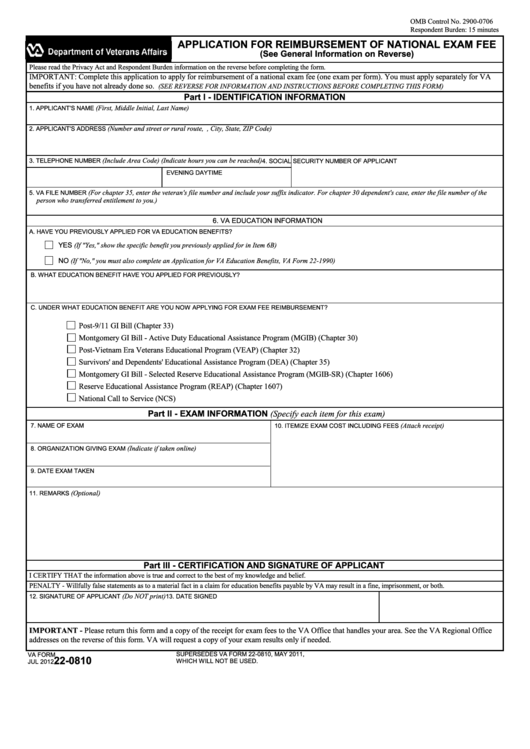 Fillable Va Form 22-0810 - Application For Reimbursement Of National Exam Fee Printable pdf