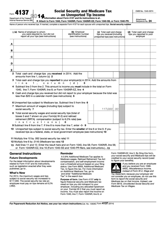 Fillable Form 4137 - Social Security And Medicare Tax On Unreported Tip Income Printable pdf