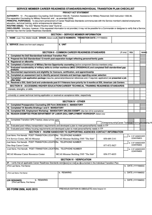 Fillable Dd Form 2958 - Service Member Career Readiness Standards / Individual Transition Plan Checklist Template Printable pdf