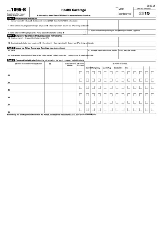 Fillable 2015 Form 1095-B - Health Coverage Printable pdf