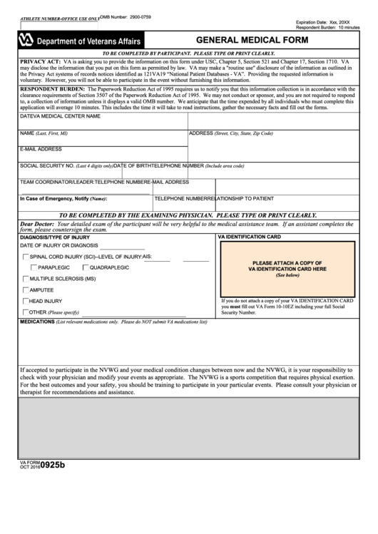 Fillable General Medical Form - Department Of Veterans Affairs Printable pdf