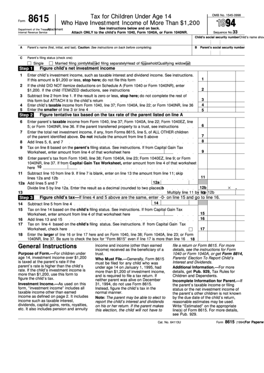 Tax For Children Under Age 14 (Form 8615 1994) Printable pdf