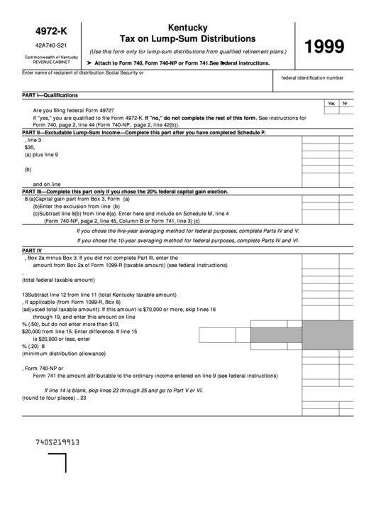 Kentucky Tax On Lump-Sum Distributions (Form 4972-K 1999) Printable pdf