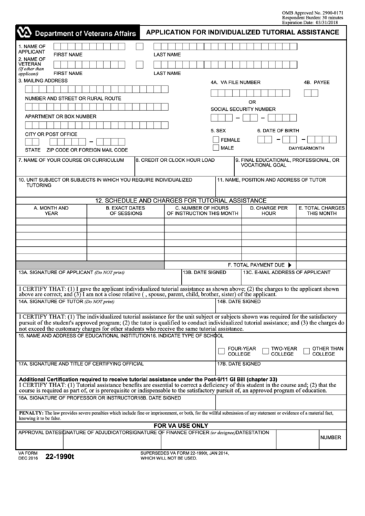 Fillable Va Form 22-1990t - Application For Individualized Tutorial Assistance Printable pdf