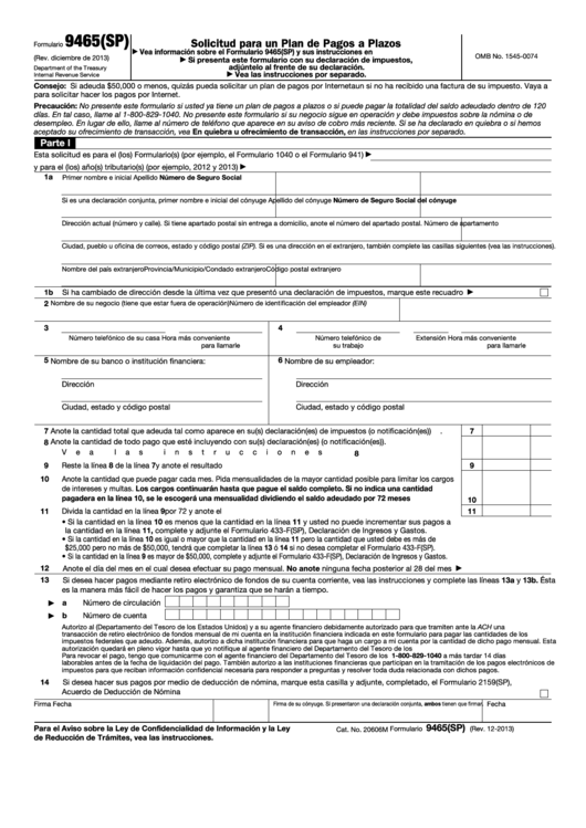 Fillable Form 9465(Sp) (Rev. December 2013) - Solicitud Para Un Plan De Pagos A Plazos Printable pdf