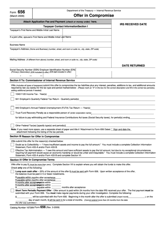 Fillable Offer In Compromise Form 656 (2009) Printable pdf