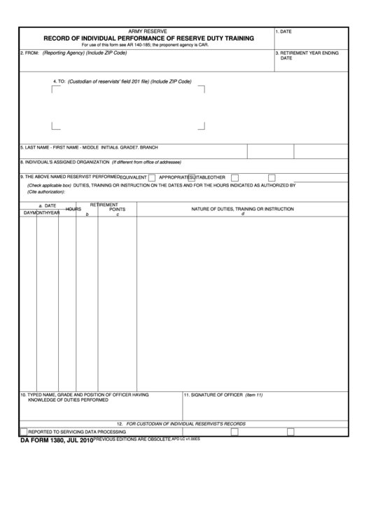 Fillable Record Of Individual Performance Of Reserve Duty Training Da Form 1380 Printable pdf