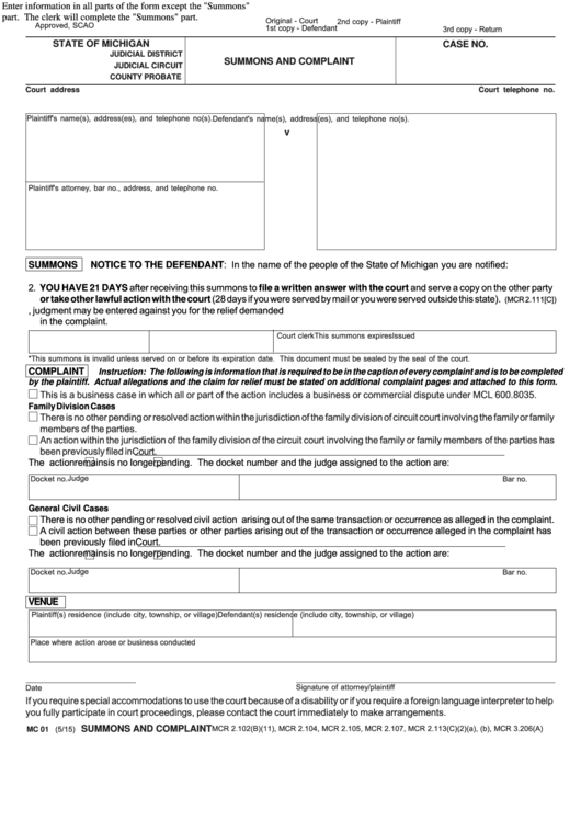 Fillable Summons And Complaint - Michigan Courts Printable pdf