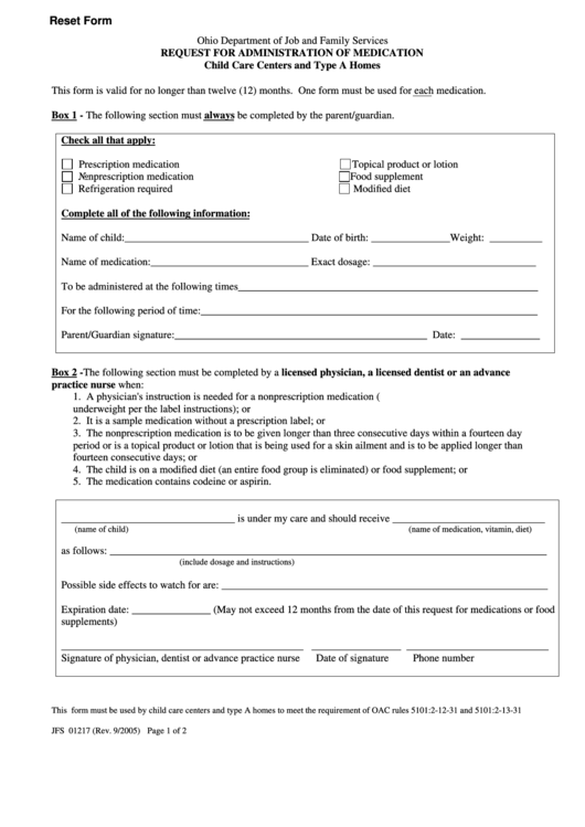 Fillable Request For Administration Of Medication - Ohio Department Of Job And Family Services Printable pdf