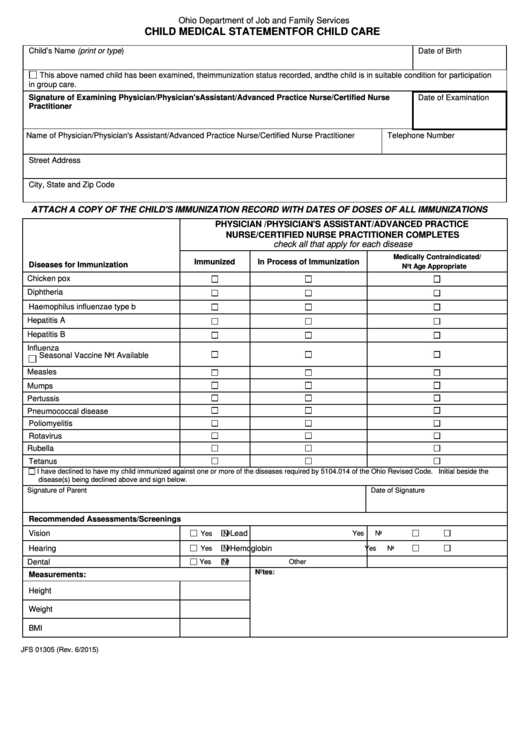 Child Medical Statement For Child Care - Ohio Department Of Job And Family Services Printable pdf