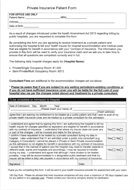 Private Insurance Patient Form Printable pdf