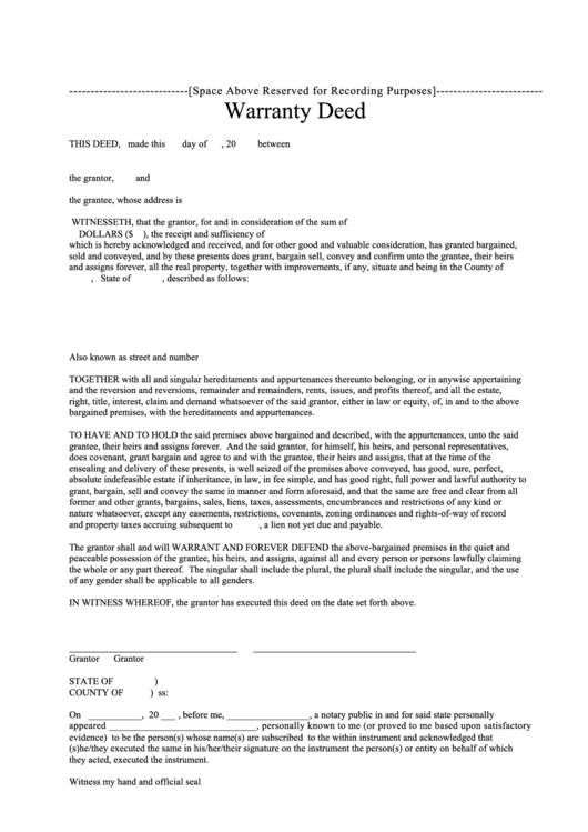 Warranty Deed Form Printable pdf