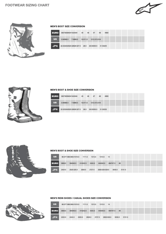 Alpinestars Footwear Sizing Chart Printable pdf