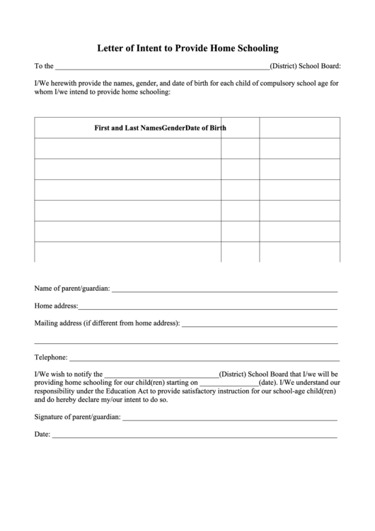 Letter Of Intent To Provide Home Schooling Printable pdf