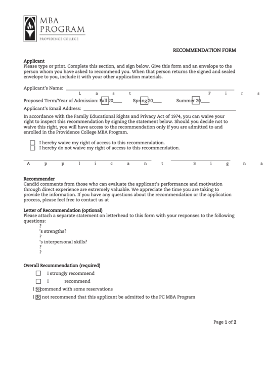 Recommendation Form Printable pdf