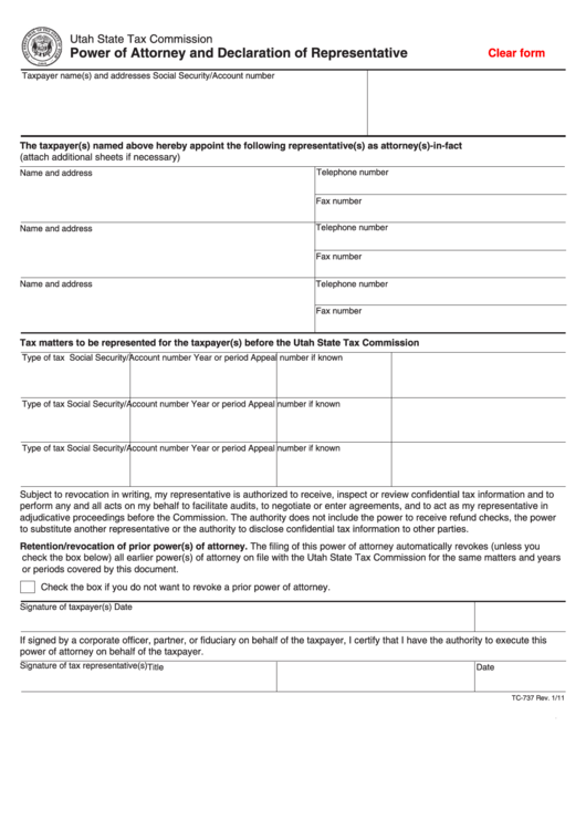 Fillable Form Tc-737 - Power Of Attorney And Declaration Of Representative Printable pdf
