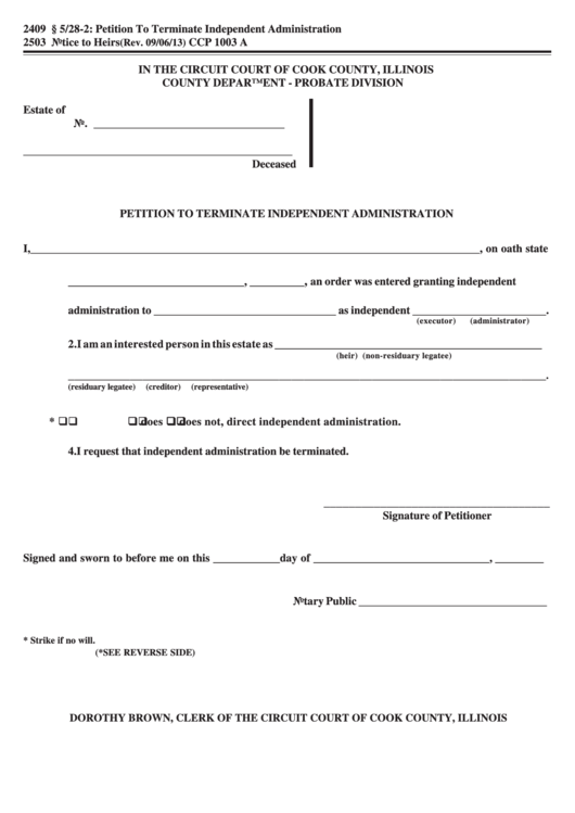 Fillable Petition To Terminate Independent Administration Printable pdf
