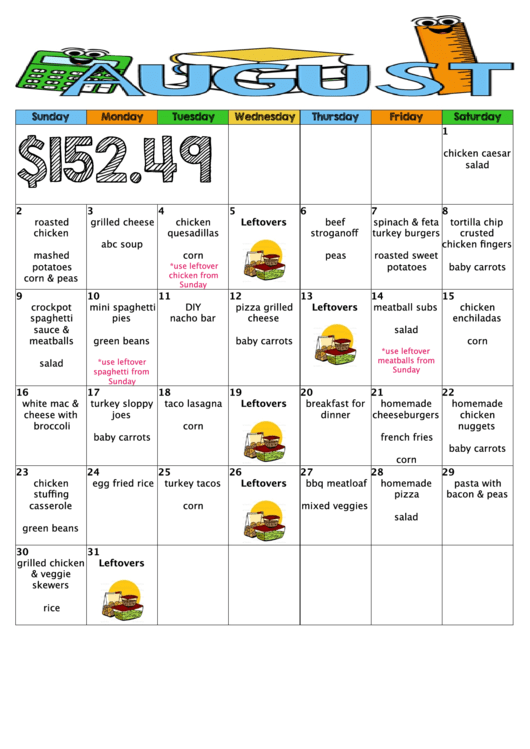 Monthly Meal Planner For 152.49 (august)