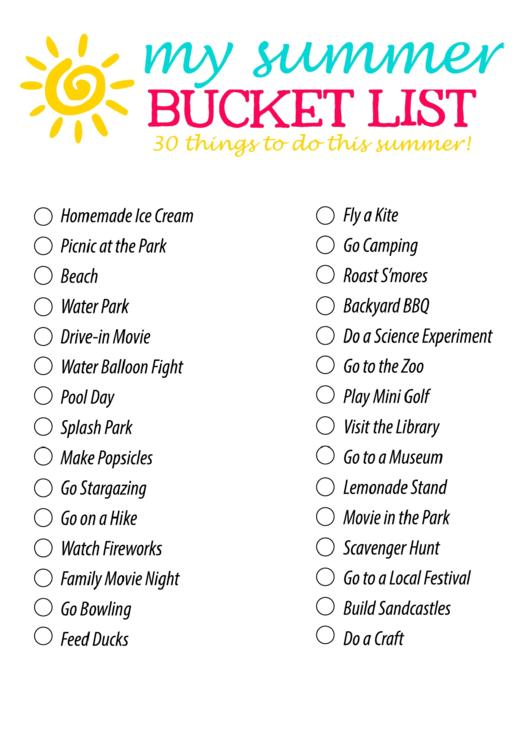 30 Things To Do This Summer Bucket List Template Printable pdf