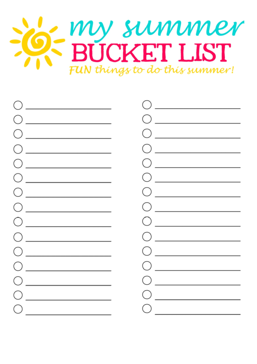 Fun Summer Bucket List Template Printable pdf