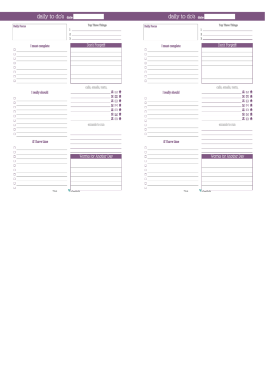 Daily To Do List Template (Purple) - Two Per Page Printable pdf