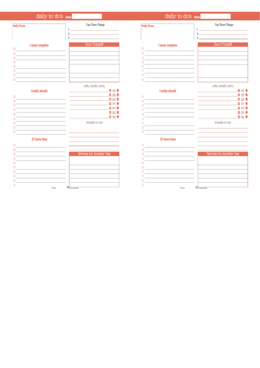 Fillable Daily To Do List Template (Orange) - Two Per Page Printable pdf