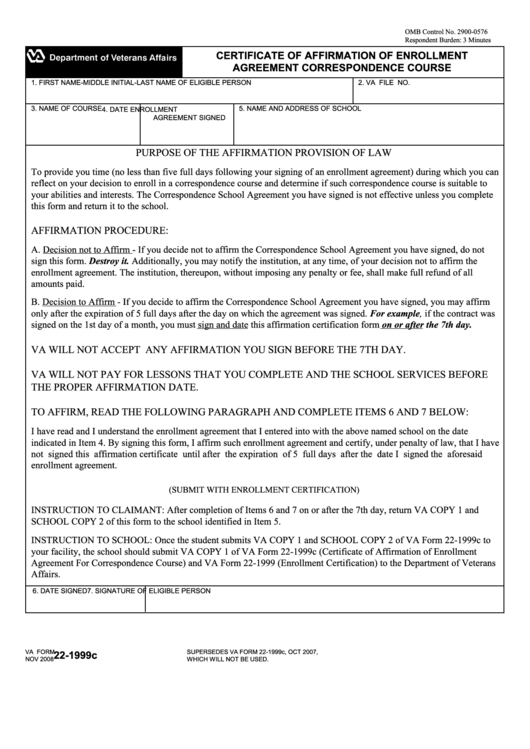 Va Form 22-1999c - Certificate Of Affirmation Of Enrollment Agreement Correspondence Course Printable pdf