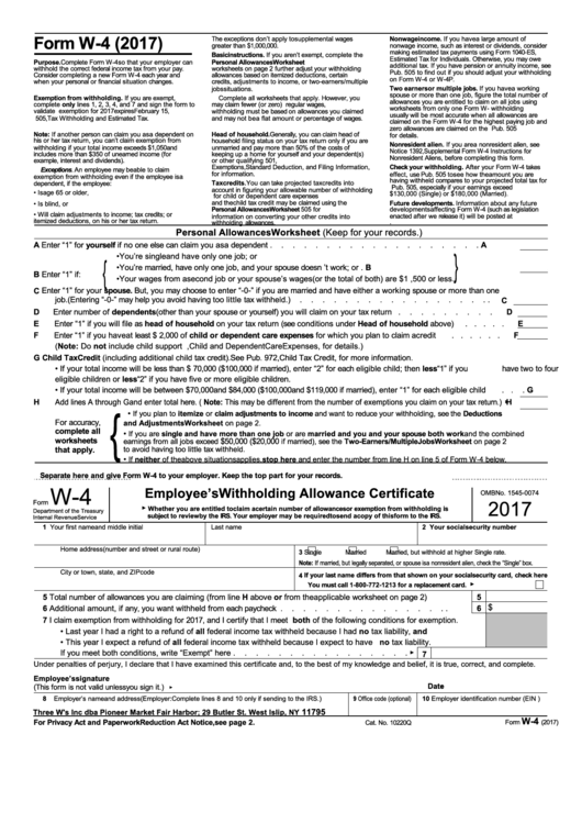 Form W 4 Employee Swithholding Allowance Certificate 2017 Printable 