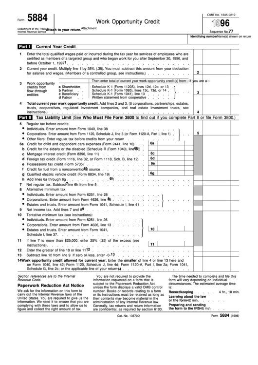 Work Opportunity Credit (Form 5884) Printable pdf