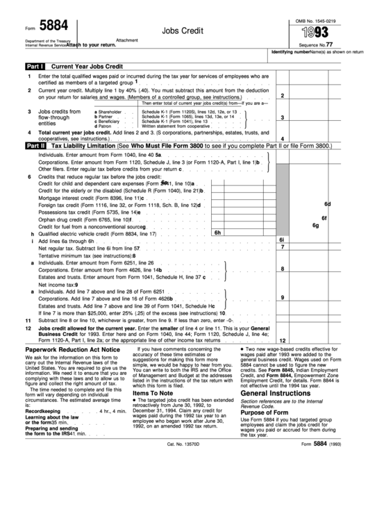 Jobs Credit (Form 5884) Printable pdf