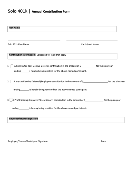 Solo 401k Annual Contribution Form - My Solo 401k Printable pdf