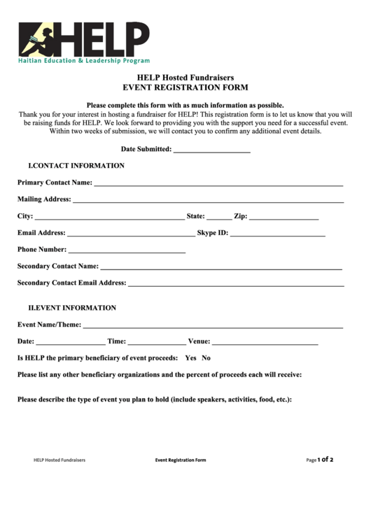 Fillable Help Hosted Fundraisers Event Registration Form Printable pdf