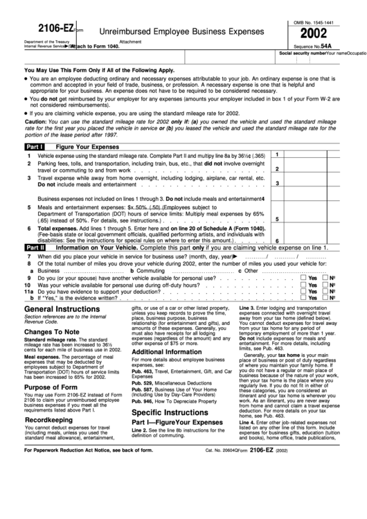 2002 Form 2106-Ez Unreimbursed Employee Business Expenses Printable pdf