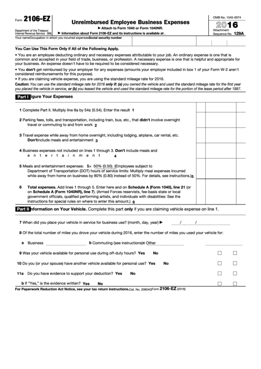 Form 2106-Ez - Unreimbursed Employee Business Expenses - 2016 Printable pdf