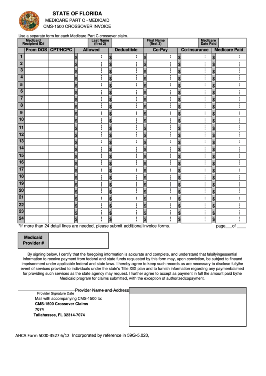 Ahca Form 5000-3527 - Medicare Part C - Medicaid Cms-1500 Crossover Invoice Printable pdf