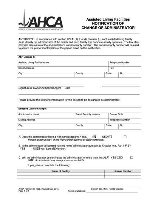 Ahca Form 3180-1006 - Assisted Living Facilities Notification Of Change Of Administrator Printable pdf
