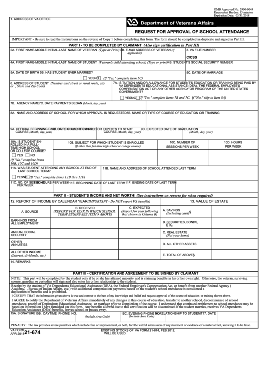 Fillable Va Form 21-674 - Request For Approval Of School Attendance - Department Of Veterans Affairs Printable pdf
